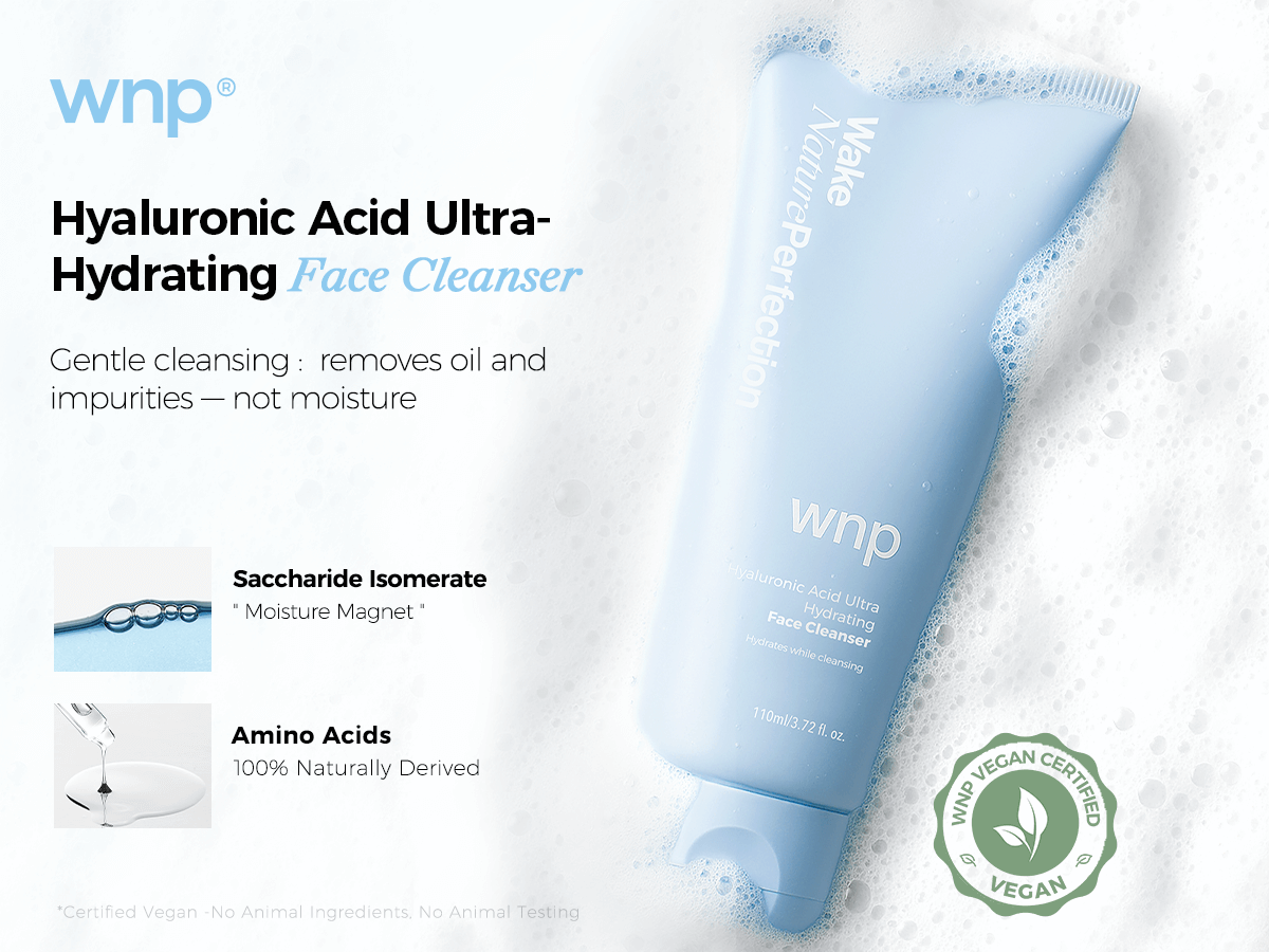 WNP Hyaluronic Acid Ultra-Hydrating Face Cleanser with product and branding details on a white background