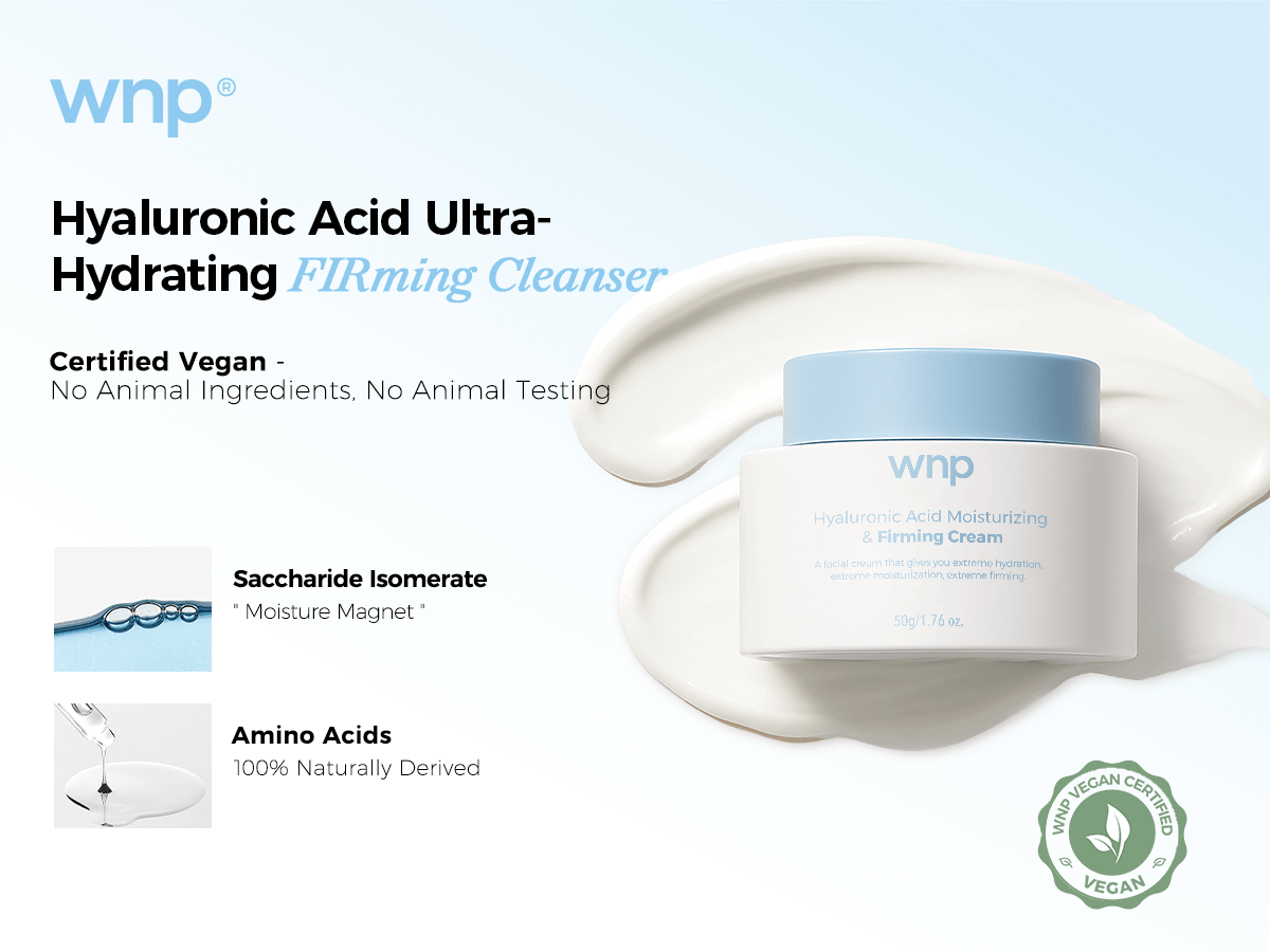WNP Hyaluronic Acid Ultra-Hydrating FIRMing Cleanser with product and branding details on a light blue background