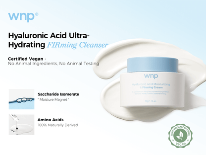 WNP Hyaluronic Acid Ultra-Hydrating FIRMing Cleanser with product and branding details on a light blue background
